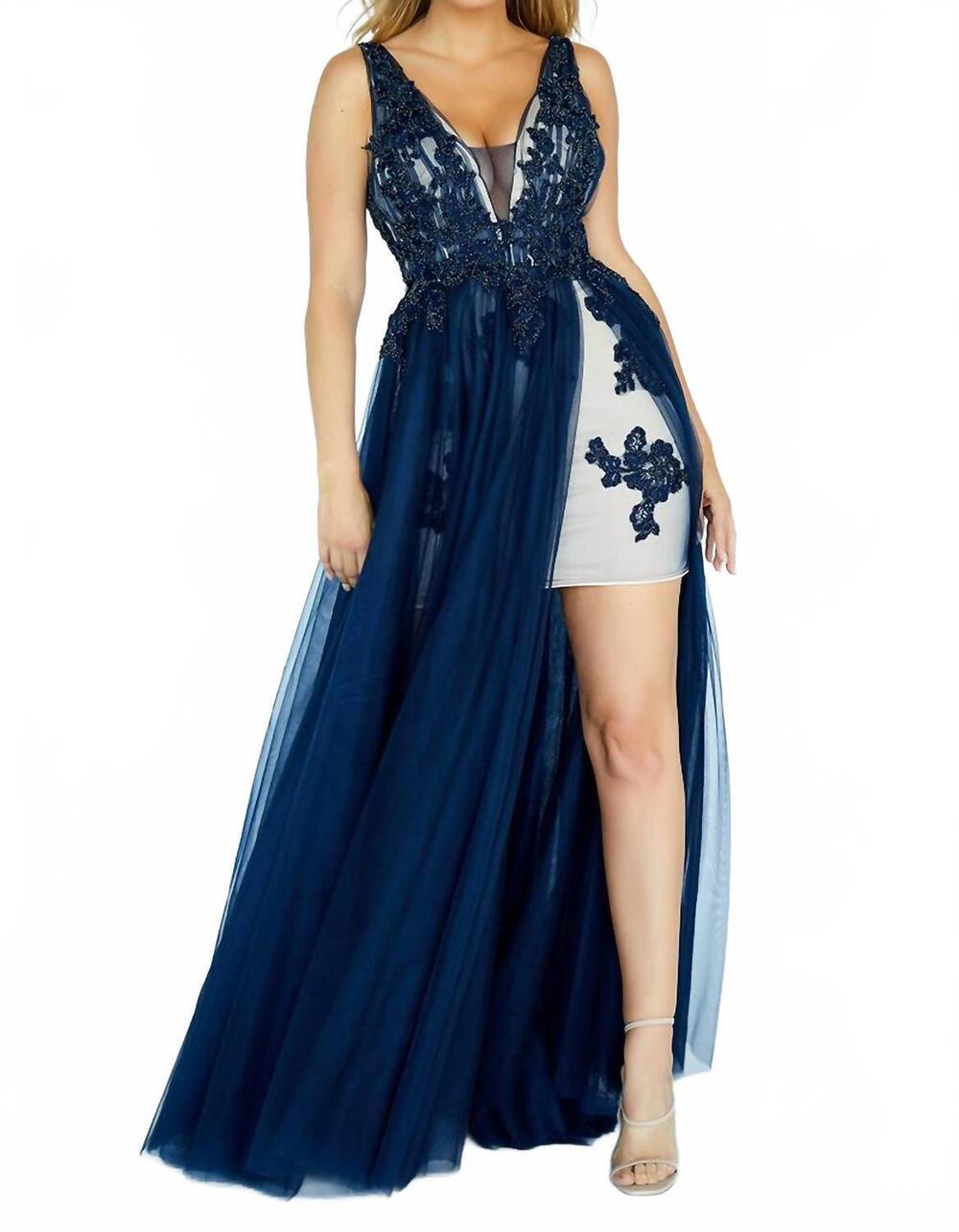 NEW JOLENE lace tulle v neck prom dress in navy/nude
